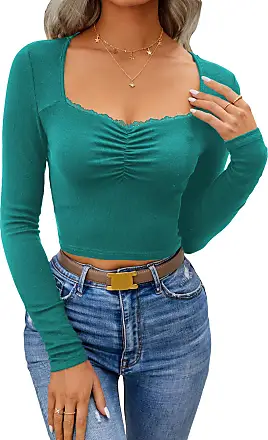 Floerns Women's Basic Square Neck Tie Front Long Sleeve Crop Top T Shirt A  White XS at  Women's Clothing store