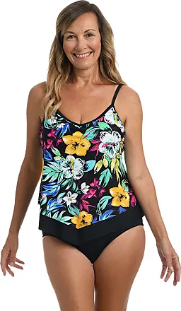 Maxine Of Hollywood Plus Island Mist One Piece Swim Romper 20W Black multi  