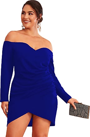 Romwe Womens Plus Size Sexy Off Shoulder Wrap Sweetheart Pleated Front Party Mini Bardot Dress Royal Blue 3XL