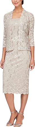 S.L. Fashions Womens Petite Tea Length Sequin Lace Dress with Illusion Sleeve Jacket, Champagne, 16P