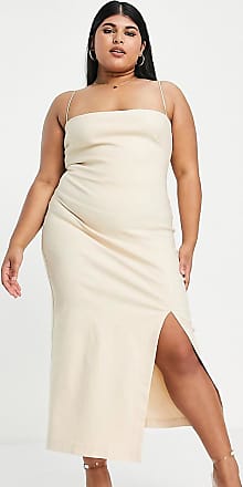 Vesper cami strap midi bodycon dress with thigh split in ecru-White