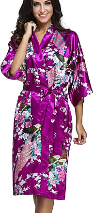OLIPHEE Womens Satin Dressing Gowns Peacock Blossoms Bridesmaid Kimonos Nightwear Robes