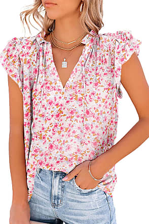 Women's Plus Size Blouses Rolled Sleeve V Neck Long Sleeve T Shirt Tops（Flower  4，L at  Women's Clothing store