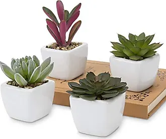 MyGift Mini Artificial Lotus Plants, Faux Greenery in Geometric White Ceramic Decorative Planter Pots and Realistic Stone Filler, Set of 3