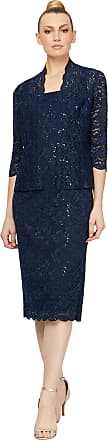 S.L. Fashions womens Tea Length Sequin Lace With Illusion Sleeve Jacket Special Occasion Dress, Navy, 12 US