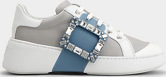 Roger Vivier Viv Skate Strass Buckle Sneakers in Soft Leather, LIGHT BLUE,WHITE,GREY, 37 - Shoes