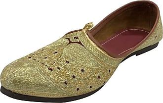 WS-8 Unze Men “Eden” Flat Golden Traditional Indian Leather Punjabi Sequins Jutti Khussa UK Size 6-12 