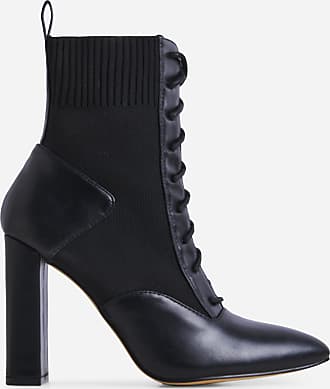 EGO Leomi Lace Up Pointed Toe Block Heel Knitted Ankle Boot In Black Faux Leather, Black