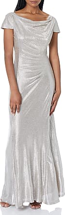 Adrianna Papell Womens Metallic Foil Knit Cap Sleeve Godet Gown/Dress, Alabaster, 14