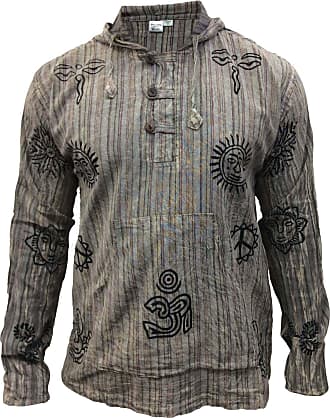 SHOPOHOLIC FASHION Mens Stonewashed Striped Hooded Hippy Grandad Shirt 