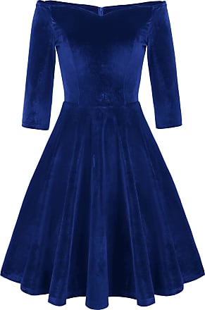 Grace Karin 3/4 Sleeve Winter Velvet Wedding Swing Dress A-line Size L Blue