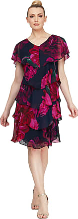 S.L. Fashions Womens Short Sleeve Floral Tiered Chiffon Dress (Missy and Petite), Black Red Fuchsia, 10