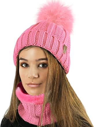 TOSKATOK Ladies Womens Ribbed Knit Marl Fleece Lined Winter Beanie Hat with Faux Fur Pom Pom 