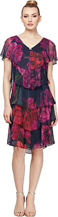 S.L. Fashions Womens Short Sleeve Metallic Accent Tiered Dress (Missy Petite), Fuchsia Floral, 12