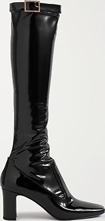 Saint Laurent Elle Kniehohe Stiefel Aus Lackleder Mit Schnalle in Schwarz Damen Schuhe Stiefel Stiefel mit Keilabsatz 
