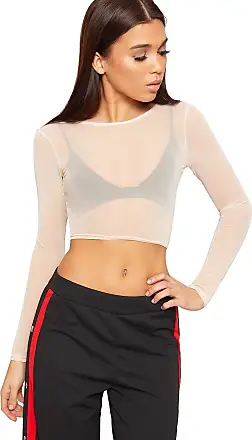 WearAll Womens Sheer Mesh Crop Top Ladies Long Sleeve Crew Neck Plain  Stretch New - Black - 8-10 : : Fashion