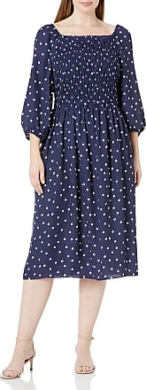 Gabby Skye womens Plus Size Gabby Skye 3/4 Sleeve Square Neck Smocked Bodice Polka Dot Midi Crepe Babydoll Dress, Navy/Ivory, 18-19 Plus