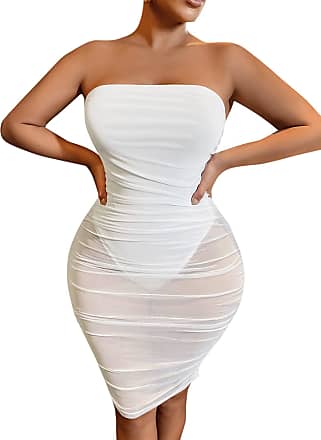 Shein Womens Mesh Ruched Bodycon Mini Dress Sheer Strapless Sleeveless Short Dresses White Large