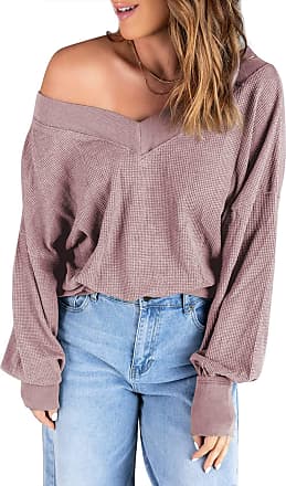 LAMISSCHE Womens Loose Knitted Off The Shoulder Sweater Solid V Neck Long Sleeve Pullover Ripped Crop Top 