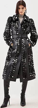 Panelled Stripe Faux Fur Pu Belted Long Coat