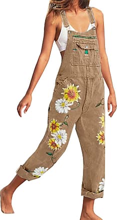 Lazutom Womens Loose Fit Floral Printed Casual Baggy Denim Bib Dungarees Overall 