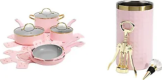 Paris Hilton Stainless Steel Pots and Pans Set with Stay-Cool Pink Handles,  Tempered Glass Lids, Bonus Heart Shaped Measuring Cups and Spoons