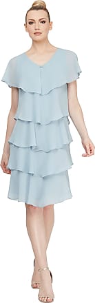 S.L. Fashions Womens Short Sleeve Solid Pebble Tiered Chiffon Dress (Missy and Petite), Misty Blue, 16