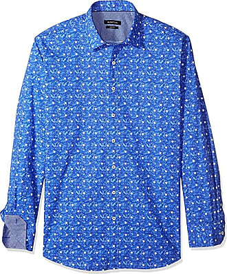 Bugatchi Mens Fitted Long Sleeve Striped Pigeons Pattern Cotton Shirt