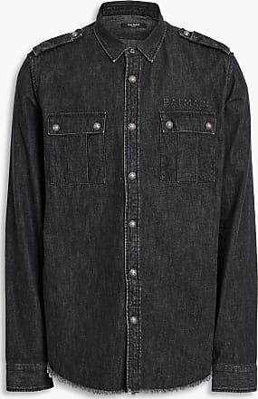 Balmain Men's Embossed Denim Jacket w/ Shearling Collar