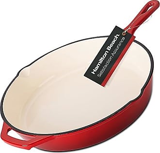 Hamilton Beach Enameled Cast Iron Fry Pan 8-Inch Red, Cream Enamel coating,  Skillet Pan For Stove top and Oven, Even Heat Distribution, Safe Up to 400