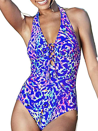 Tankini Swimsuits for Women Bathing Suits One Piece Swimsuit Flower Print Keyhole Mesh Halter Plunge Swimwear Vickyleb 