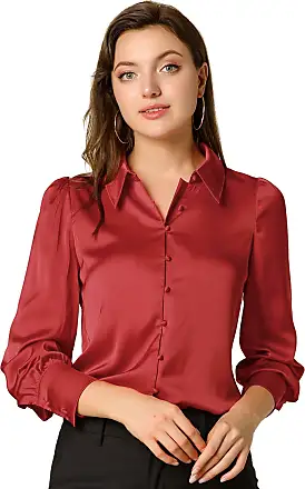 LUXUR Women Blouse Lapel Neck Shirts Plaid Tops Elegant Tunic Long Sleeve  Shirt Wine Red S 