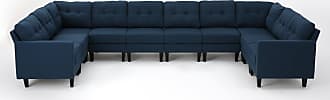 Christopher Knight Home Emmie Mid-Century Modern 10-Piece U-Shaped Sectional Sofa, Navy Blue / Dark Brown