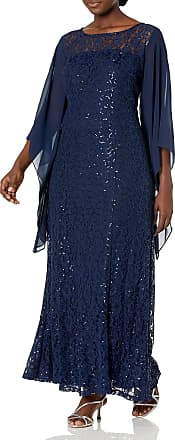 S.L. Fashions Womens Plus Size All Over Lace Gown with Chiffon, Navy Illusion Sleeve, 14W