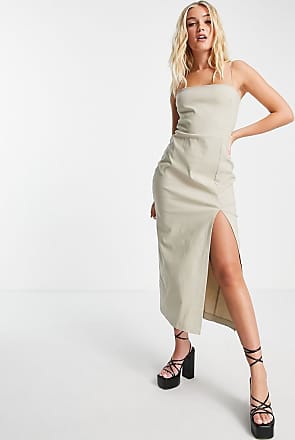 Vesper cami strap midi dress with thigh split in ecru-White