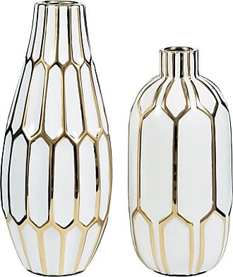White and Gold Benjara Vase with Oval Shape and Cement Body 
