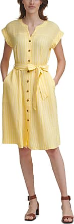 Calvin Klein Womens Button Front Dress with Self Belt, Popcorn/Cream, 8
