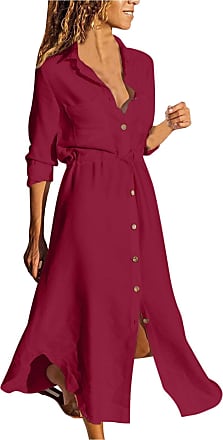 NIHOND Women's Casual Long Shirt Dresses Adjustable Tied Waist Button Up Solid 3/4 Sleeve Lapel Fall Office Flowy Midi Dress 