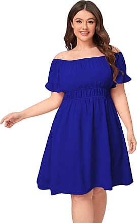 Romwe Womens Plus Size Off The Shoulder Short Sleeve A Line Flared Party Mini Dress Blue Solid 2XL