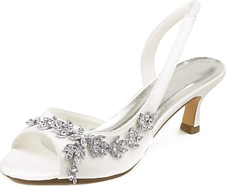 Mrs White 6655-1 Womens Wedding Shoes 1.58 inches Low Cone Heel Lace Satin Diamante Floral Prom Bridal Shoes 