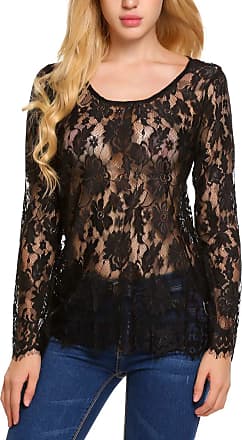 Zeagoo Womens See Through Mock Neck Sheer Lace Loose Blouse 
