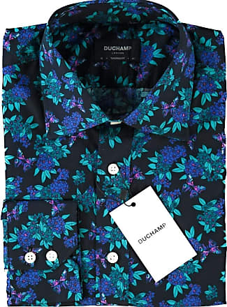 DUCHAMP LONDON Navy Tone and Red & Blue Floral Print Tailored Shirt