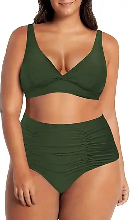 Pink Queen Women's High Waisted Bikini Set Plus Size Strapless Bandeau High  Cut Bathing Suit Swimsuit Army Green 3XL