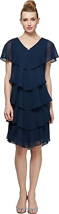 S.L. Fashions Womens Short Sleeve Solid Pebble Tiered Chiffon Dress (Missy and Petite), New Navy, 10