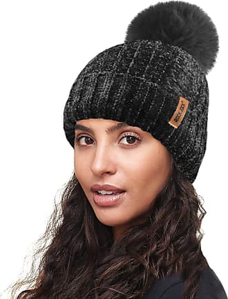 Ladies Ultra Soft Chenille Knitted Ski Hat with Large Detachable Faux Fur PomPom 