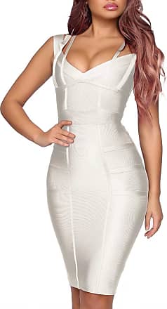 HyBrid & Company Womens Sexy V Neck Off Shoulder Bodycon Stretch Knee Length Midi Bandage Dress for Party DRBD132 White 1X