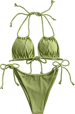 ZAFUL Ribbed O Ring Halter String Bikini Swimwear In GREEN
