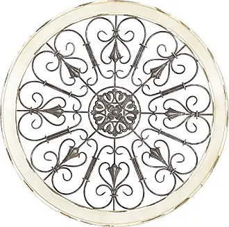 Deco 79 Wood Scroll Window Inspired Wall Decor with Metal Scrollwork  Relief, 10 x 1 x 25, White