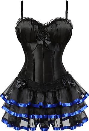 Grebrafan Gothic Striped Corset Push up Bustier with Multi Layer lace Skirt