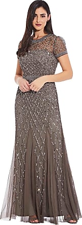 Adrianna Papell Womens Short Sleeve Beaded Mesh Gown, Lead, 10